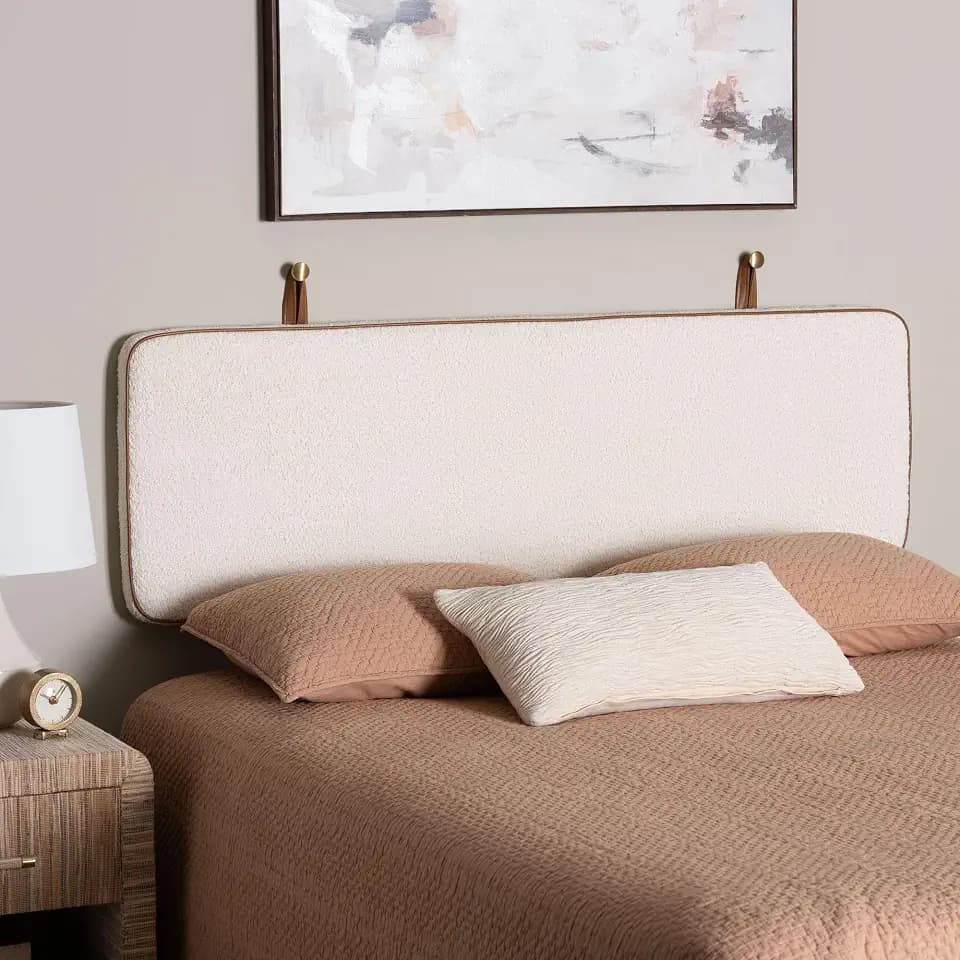 Baxton Studio Belden Boucle Upholstered Wall-Mounted Headboard - Padded Cushion Panel with Faux Leather Piping, Modern Bedroom Accent Piece, Cream, Queen