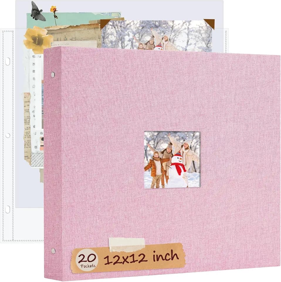 12x12 Inch Large Scrapbook Photo Album, 3 Ring Binder- Pink