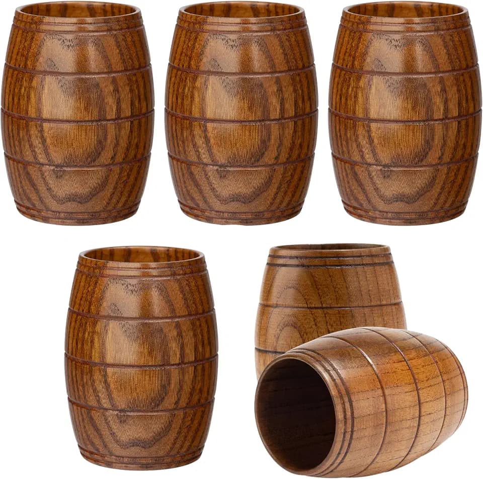 6 Pieces Wooden Barrel Shaped Beer Mug, 7.1Oz Classical Natural Solid Wood Drinking Cup, Viking Mugs, Handmade Wooden Tea Cups For Coffee, Hot Drinks, Milk, Wine, 210ml