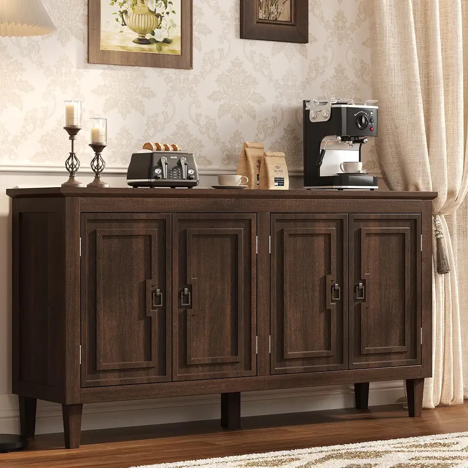 knoworld 60" Mid Century Sideboard Buffet Cabinet, Large Credenza Wood Coffee Bar 4 Doors & Adjustable Shelves, Vintage Kitchen Storage Cabinet Buffet Sideboard for Living Room, Kitchen