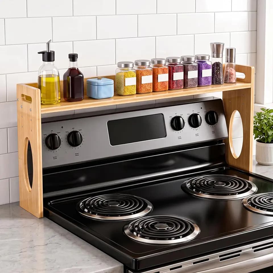 Woodever Bamboo Over the Stove Spice Shelf, 31.5" over the stove shelf, 3 Height-Adjustable Kitchen Counter Shelves, Bamboo Spice Storage Rack for Most Stovetops, Easy Assembly
