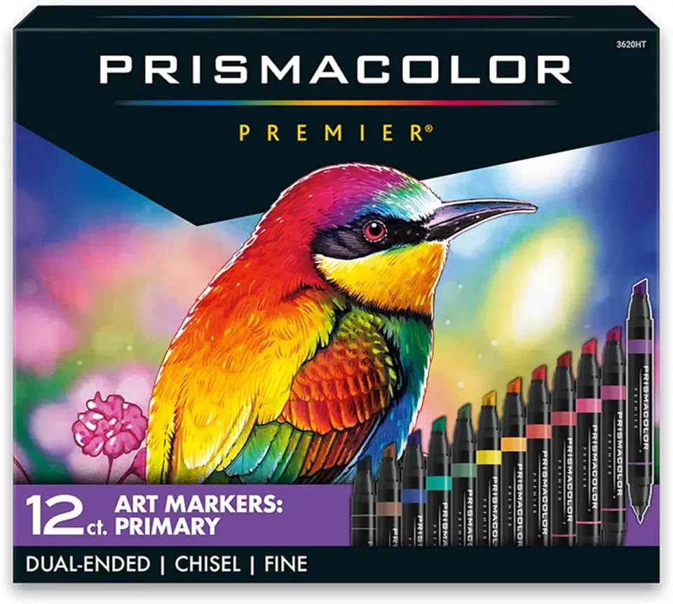 Prismacolor Premier Dual-Ended Art Markers, Chisel and Fine Tips, Primary Colors, 12 Count - Art Supplies, Alcohol-Based Ink, Coloring, Creative, Artist, Adult Coloring
