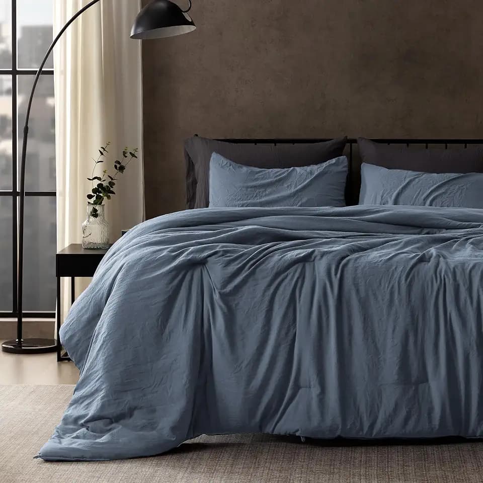 SLEEP ZONE Full Size Comforter Set, Duvet Insert with Natural Wrinkle Texture, Cotton-Linen Feel, Lightweight and Breathable Fluffy Bedding Sets with 1 Comforter and 2 Pillow Shams (Flint Stone Blue)