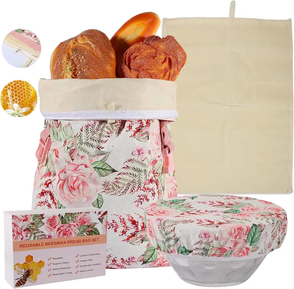 Reusable Beeswax Bread Bags with Bowl Cover, Double-Lock Sealed