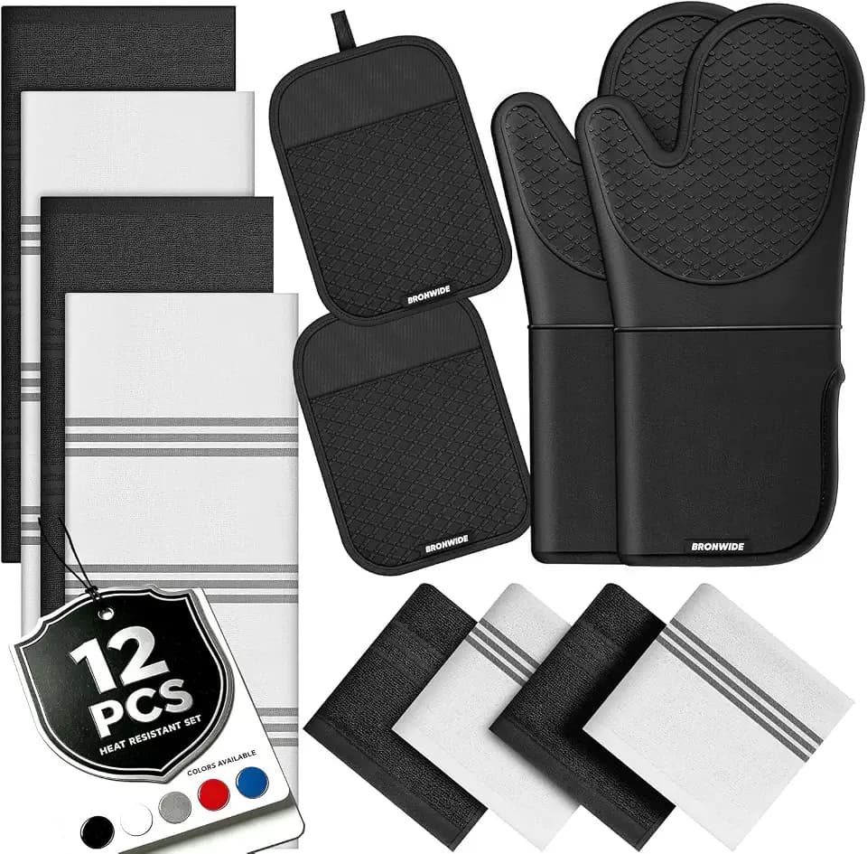 Silicone Oven Mitts and Pot Holders with Kitchen Towels and Dishcloths Sets, Baking Gloves Hot Pads 500°F Heat Resistant with Non-Slip Grip Surface, Mitts Set Includes 4 Kitchen Towels/4 Dish Towels