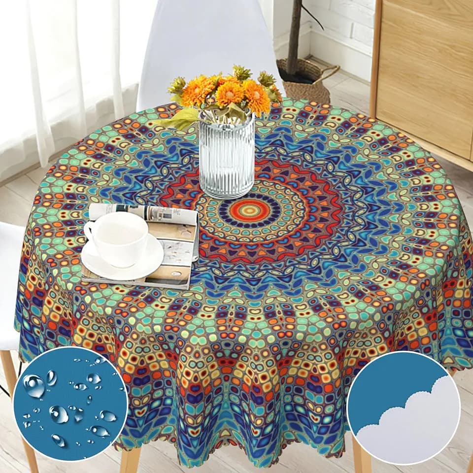 Boho Round Tablecloth 60 inch for Dining Kitchen Party Indoor Outdoor