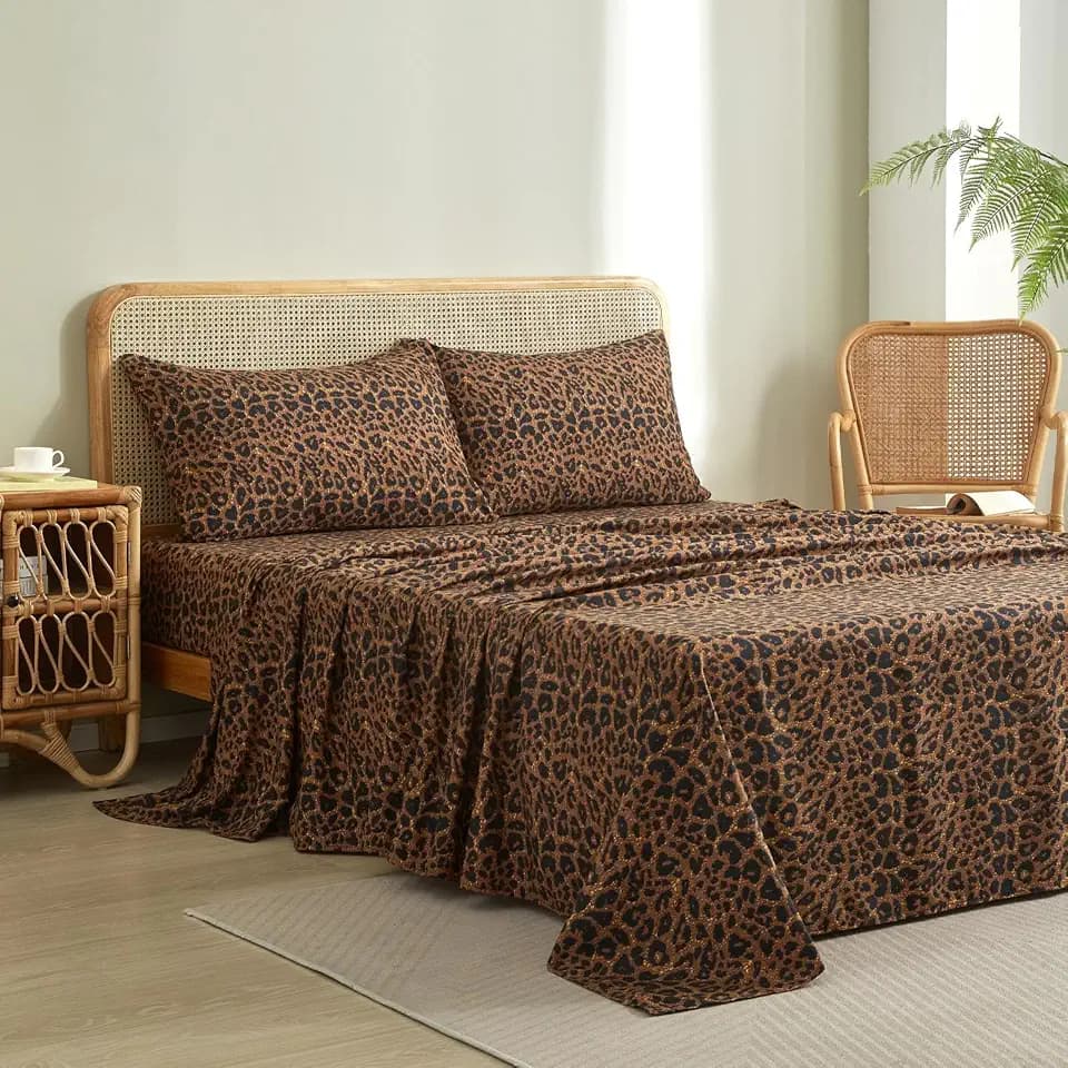 LifeTB Leopard Cheetah Printed King Sheets Set, Cooling Soft Microfiber Brown Leopard Bedding Sheets with 16" Deep Pocket, 4 Piece Vintage Animal Cheetah Pattern King Size Bed Sheets & Pillowcases