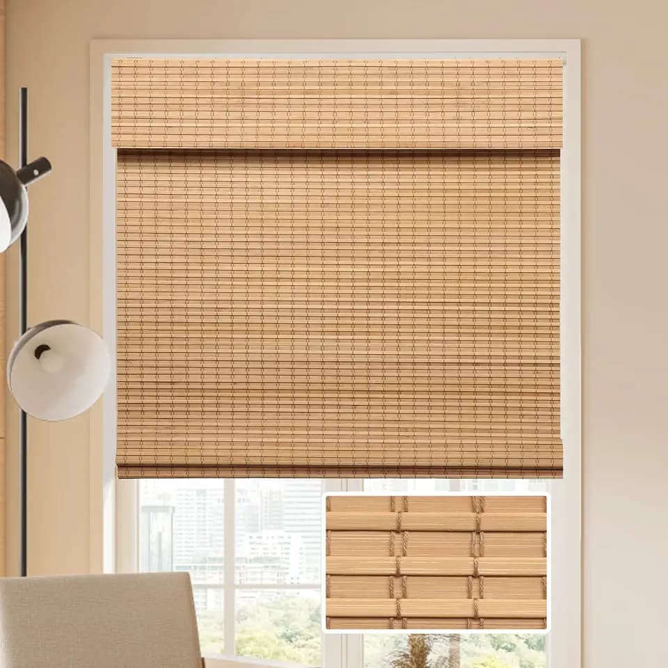 LUCKUP Cordless Bamboo Roman Blinds Shades for Indoor Windows-Blackout Room Darkening Roman Blinds with 6" Valance Cover Enhanced Privacy, 36" W x 64" H