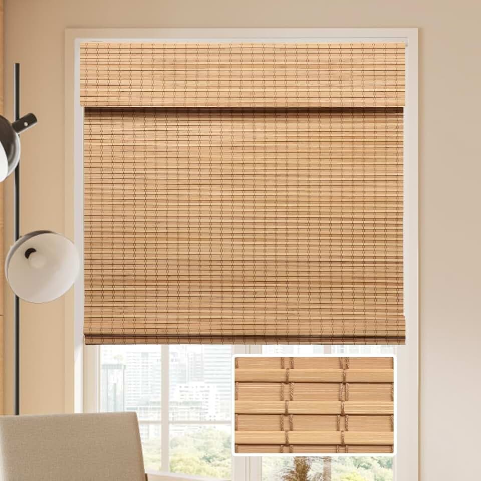 LUCKUP Cordless Bamboo Roman Blinds Shades for Indoor Windows-Blackout Room Darkening Roman Blinds with 6" Valance Cover Enhanced Privacy, 32" W x 64" H