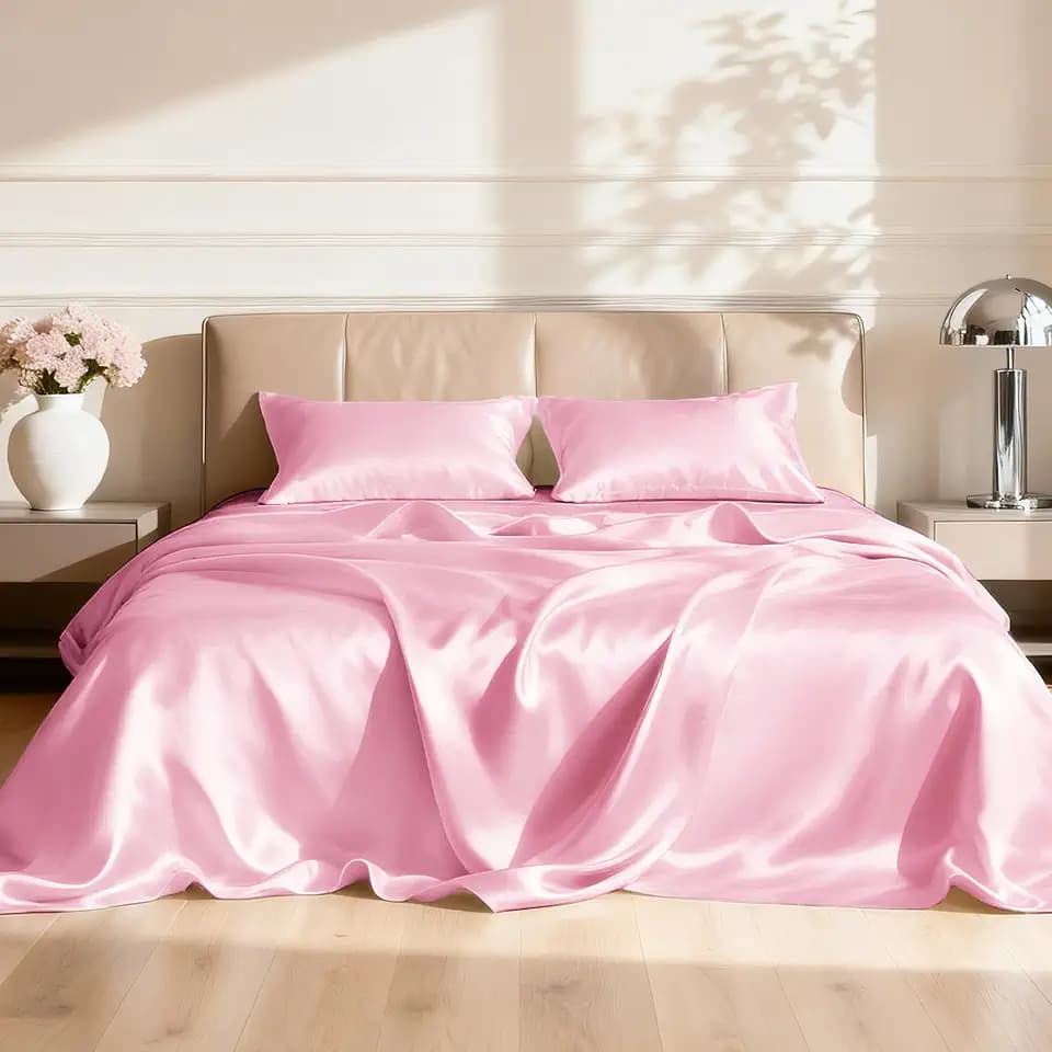 Love's cabin Satin Full Sheets Set, 4 Pieces, Pink, 15" Deep Pocket