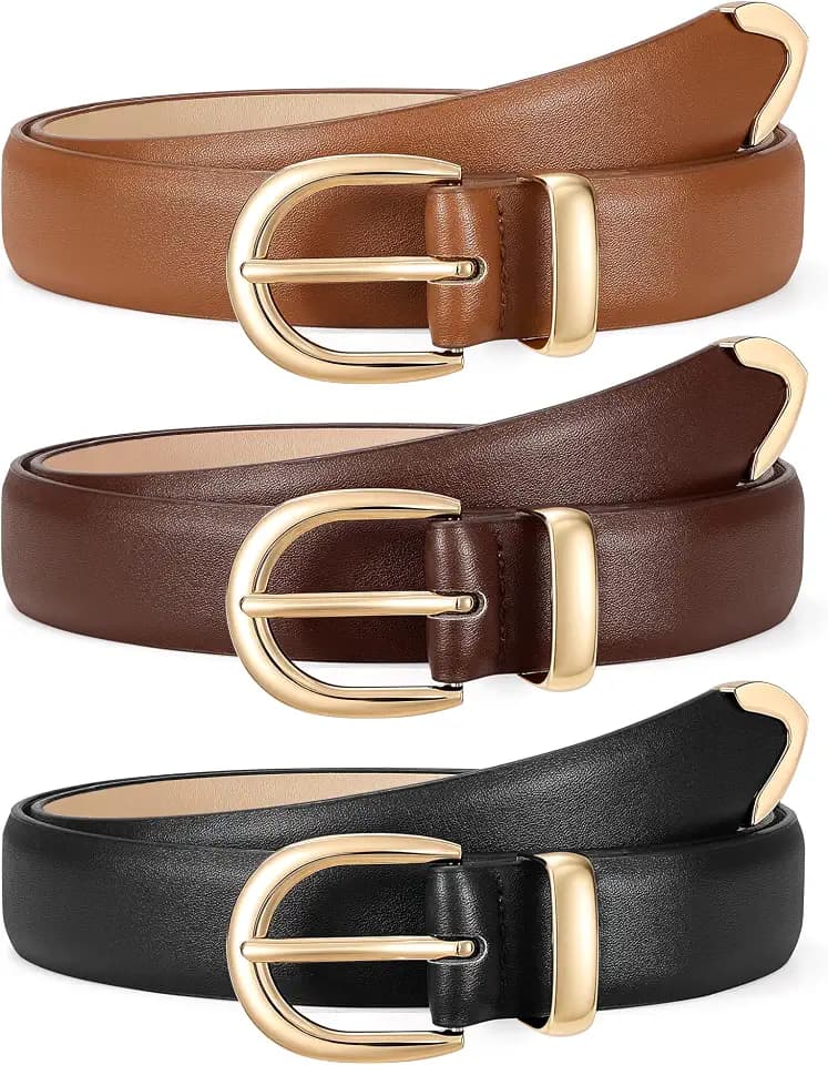 JASGOOD 3 Pack Women Leather Belts for Jeans Pants Casual Ladies Faux Leather Waist Belt with Gold Buckle
