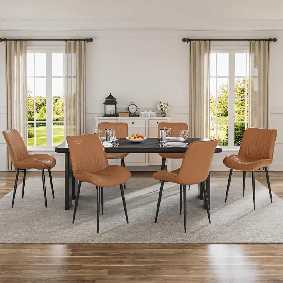 VECELO Dining Chairs Set of 6, Modern Upholstered Faux Leather Cushion Seat and Metal Legs for Kitchen, Living Room, Vintage Cognac Brown