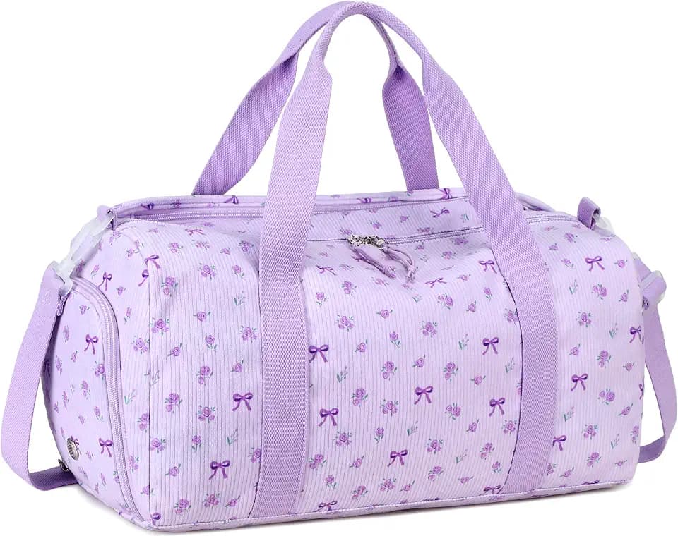 BTOOP Duffle Bag for Gym Sports Women Girls Workout Travel Bag Weekender with Shoe Compartment and Wet Pocket (Purple Bow)