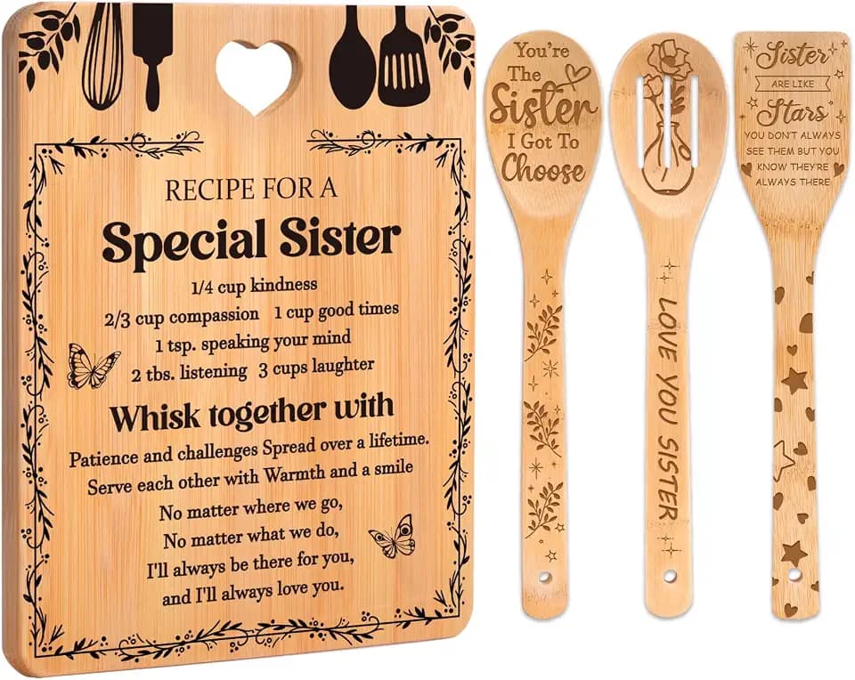 Sister Birthday Gifts from Sister - "Recipe for a Special Sister" Sister Birthday Gifts Cutting Board Set, Bamboo-Made Engraved Utensil Set Christmas/Birthday Day Gifts for Sister Adult