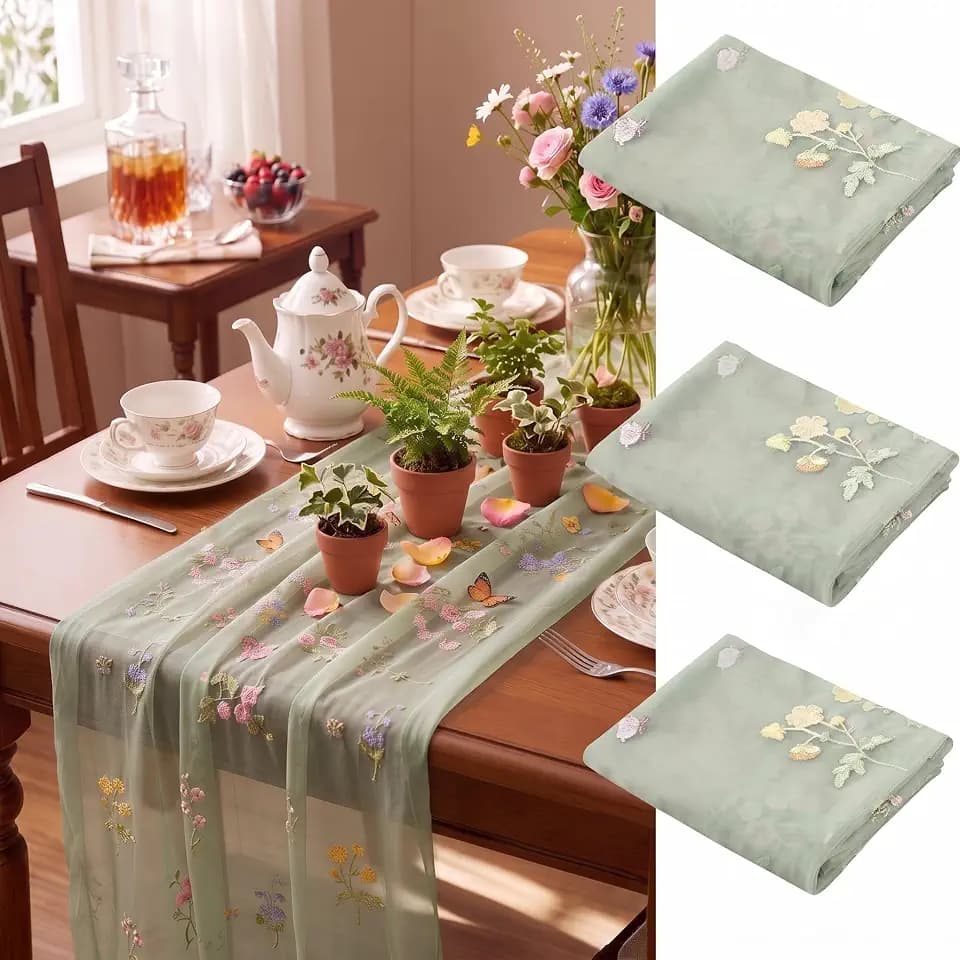 Lounsweer 3 Pcs Sage Green Wildflower Table Runner 10ft Embroidery Tulle