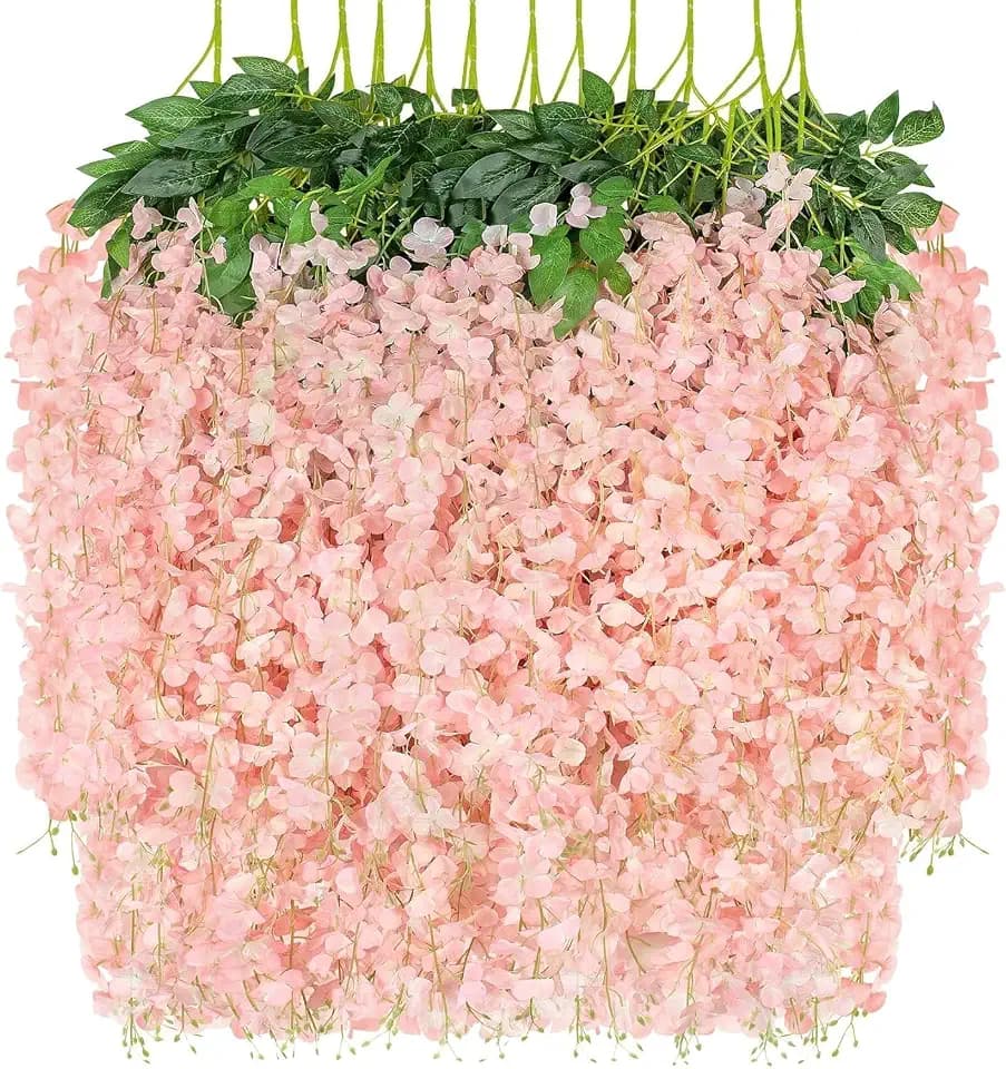 24 Pack Artificial Wisteria Hanging Flowers Fake Wisteria Flower Garland Silk Vines Rattan Decor for Home Wedding Arch Wall Garden Greenery Bedroom Outdoor Office Party Decoration (Light Pink)