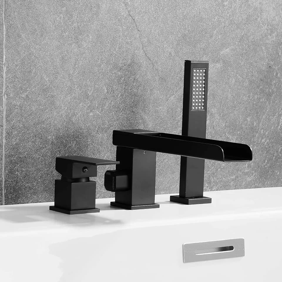 Roman Bathtub Faucet Set with Handheld Sprayer, Deck Mount Bath Faucet with Waterfall Tub Spout, 3-Hole Split Widespread Bathtub Filler with Valve,Brass,Matte Black