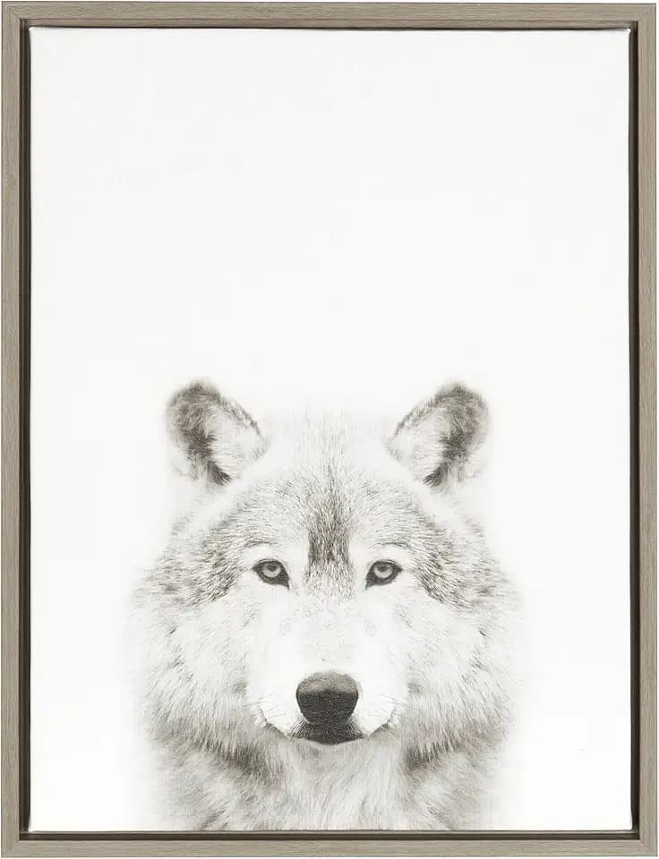 Kate and Laurel Sylvie Wolf Black and White Portrait Framed Canvas Wall Art by Simon Te Tai, 18x24 Gray