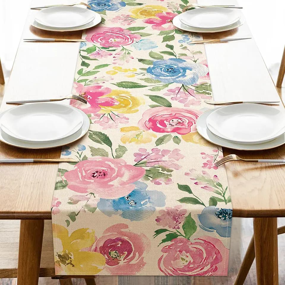 Seliem Spring Summer Watercolor Flower Table Runner, Peony Floral Kitchen