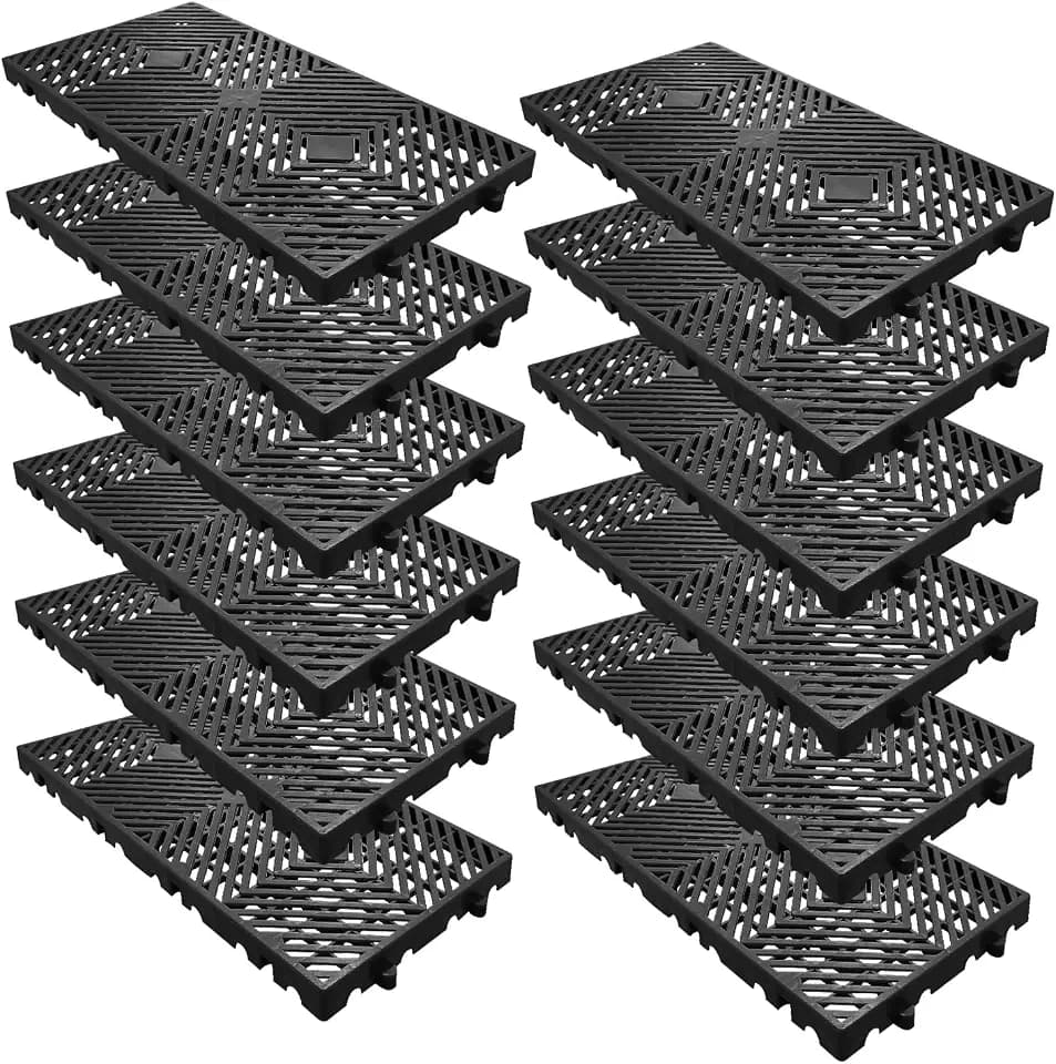 12Pcs Black Plastic Pallets, 11.8"X23.6" Lightweight Drainage Deck Tiles, Interlocking with Breathable Grids Storage Pad for Basement Storage, Indoor and Outdoor