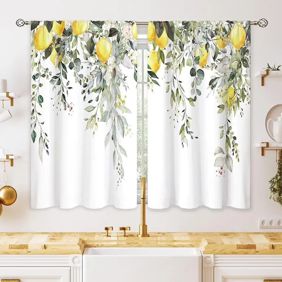 Eucalyptus Botanical Leaves Yellow Lemon Kitchen Window Curtains Herb Plant Floral Fruit Small Window Treatment Sage Green Cafe Short Curtains for Bathroom Treatment Tier Drapes 26x24 inch