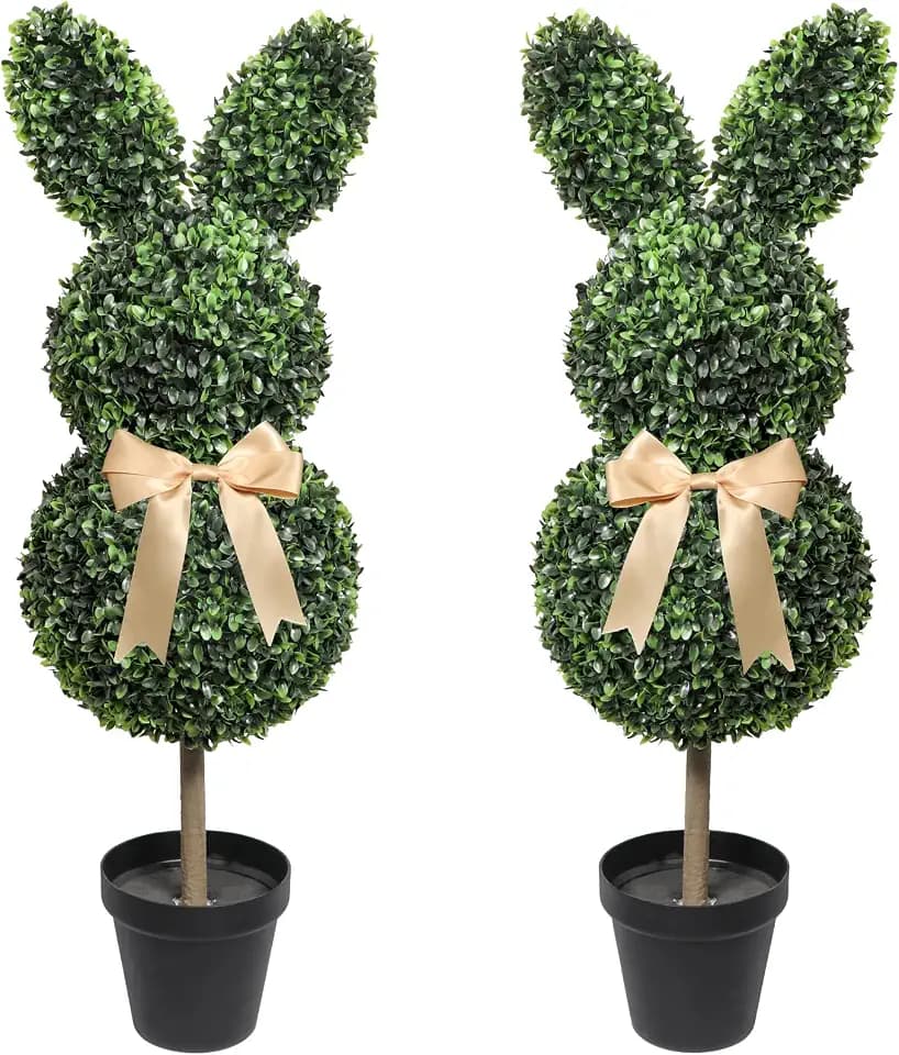 Artificial Bunny Shaped Topiary Tree with Bow, 2 Pcs Easter Rabbit Boxwood Topiaries Plant, 3 Ft Easter Decorations with Planter Pot, Spring Decor for Front Porch, Patio, Lawn, Backyard & Indoor Decor
