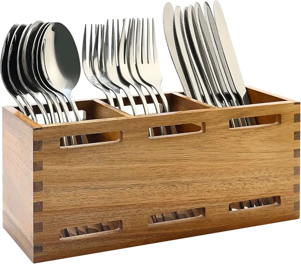 Silverware Caddy Organizer Counter Acacia Wood Cutlery Utensil Holder Party