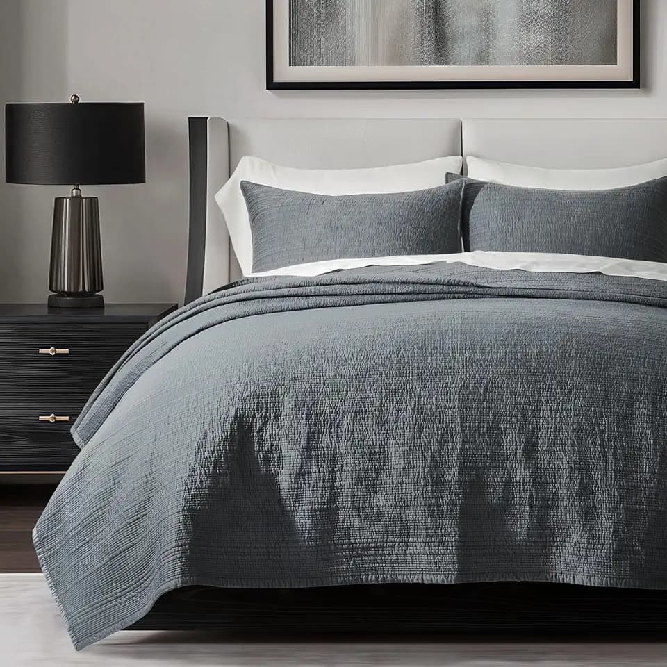 EVERGRACEHOME Cotton Sateen Channel Quilt Set, Queen Size, Midnight Blue