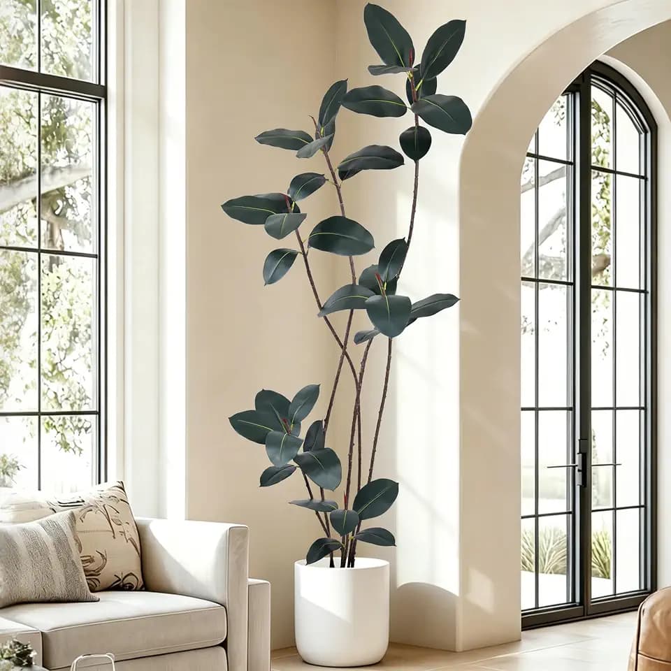 Artificial Rubber Tree 7FT, Realistic Faux Rubber Plant with Lifelike Leaves & Trunk, Tall Fake Tree in Black Pot, Perfect for Home Office Living Room Porch Indoor Decor
