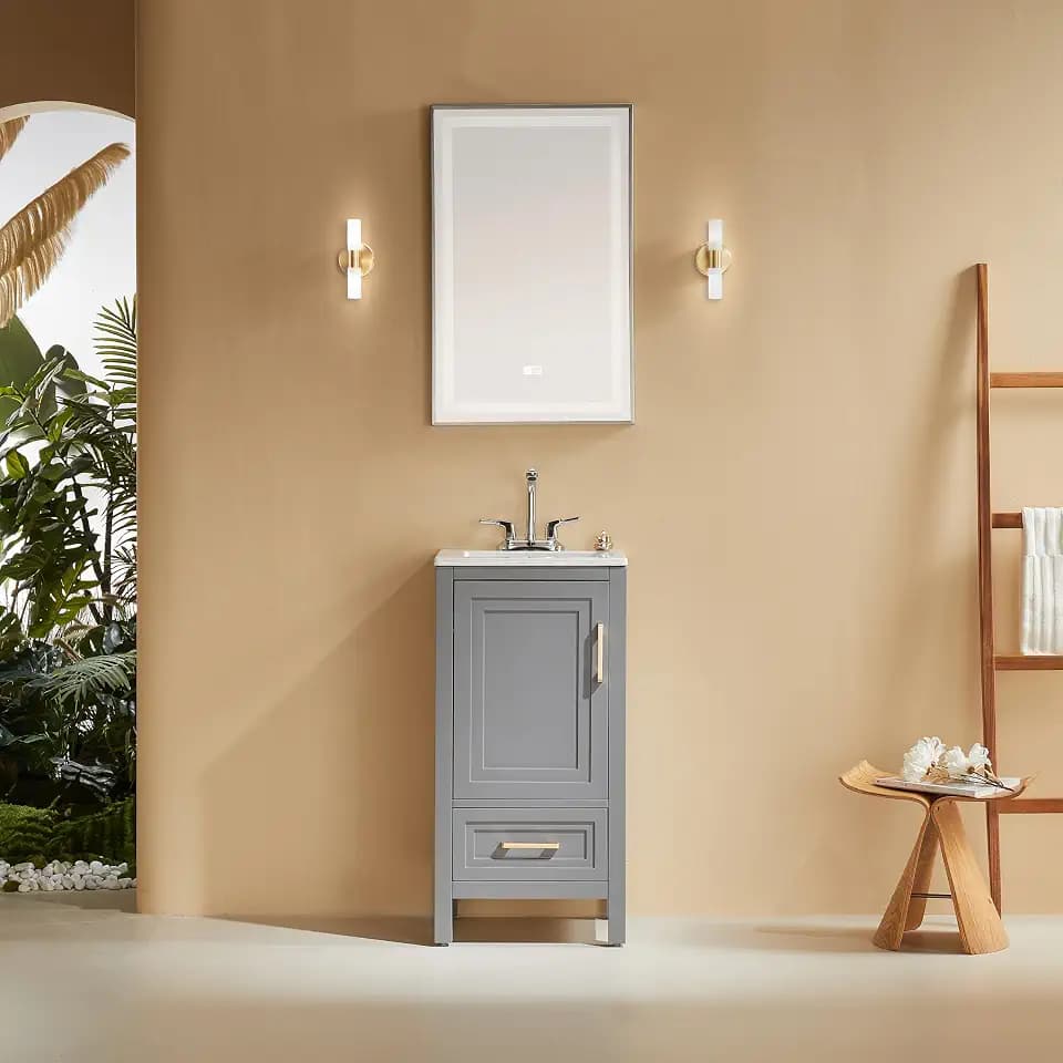 GDFStudio 18" Bathroom Vanity with Sink, Solid Wood Bathroom Vanity Cabinet, Freestanding Bathroom Vanity with Soft Close Door & Drawer, Ceramic Undermount Sink, Fully Assembled, Gray+Matte Handle