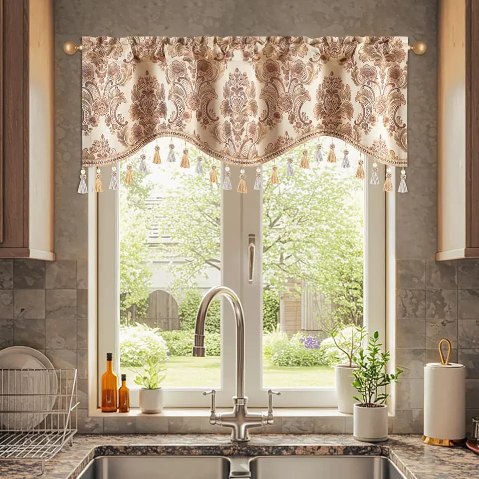 Leeva Ivory Damask Valances for Windows, 52 x 18, 1 Panel, Rod Pocket