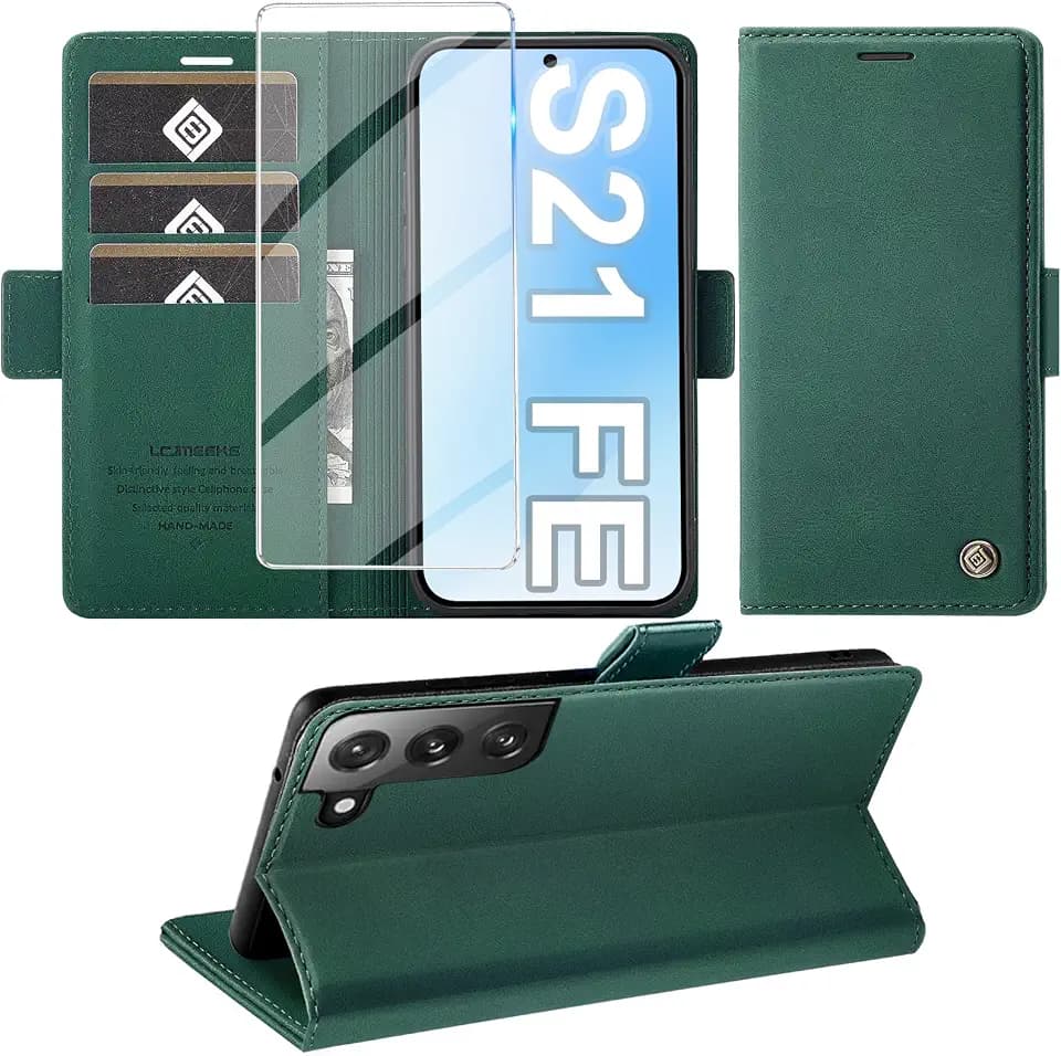 Giyer Handyhülle für Samsung Galaxy S21 FE 5G Hülle mit Schutzfolie, Standfunktion Kartenfach Wallet Premium Leder Schutzhülle S21 FE 5G Flip Case Cover Stoßfeste Klapphülle S21 FE 5G 6,41 Zoll