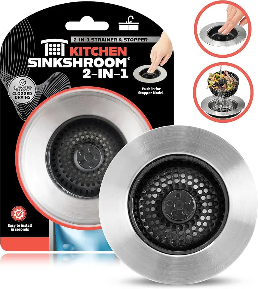 SinkShroom Kitchen Sink Drain Strainer, 2-in-1 Pop-Up Sink Stopper & Strainer with Removable Anti-Clog Basket, 304 Stainless Steel, Fits 3"-3.4" US Standard Drains, Easy Clean Food Catcher
