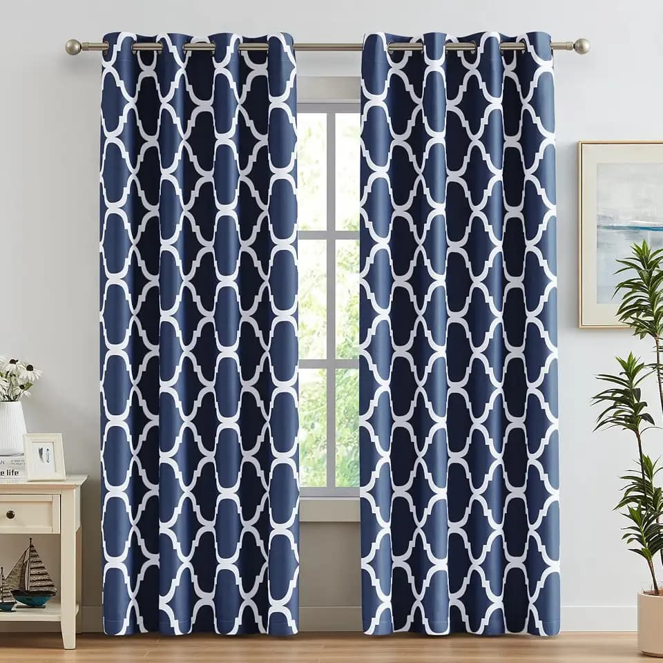 Melodieux Navy Blue Moroccan Room Darkening Blackout Grommet Curtains 96 Inches Long for Living Room Bedroom, 52" W x 96" L, 2 Panels