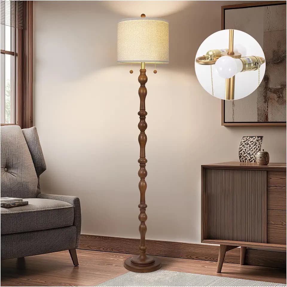 Scenekoy 65.5" Natural Real Wood Floor Lamp with Dual Pull Chains Switch