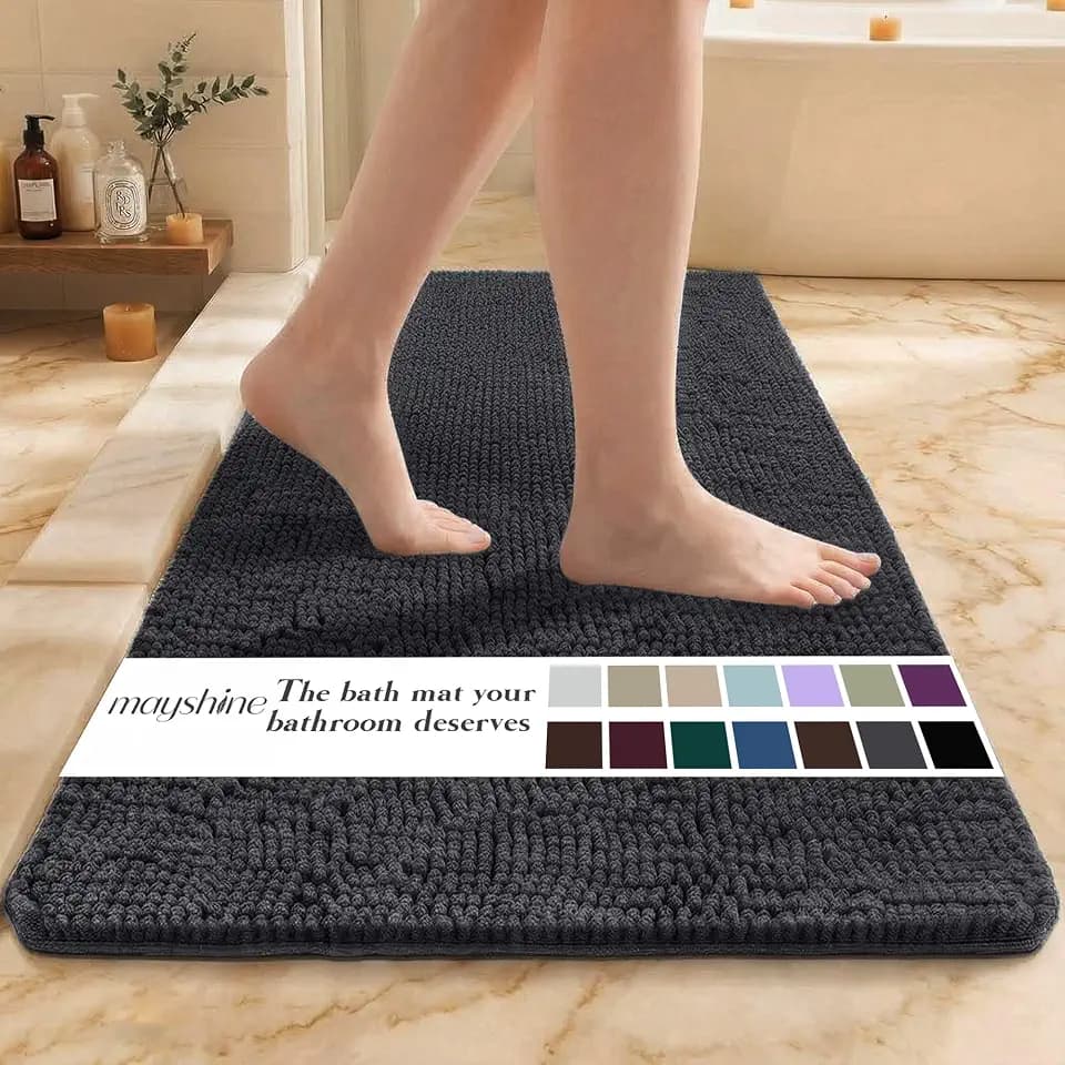 MAYSHINE Standard Plush Shaggy Chenille Bath Mat 32"x20" Extra Soft, Super Absorbent, Non-Slip Bathroom Rug | Fluffy Microfiber, Area Rug Sets for Bathroom Floor, Kitchen, Living Room | Charcoal Gray