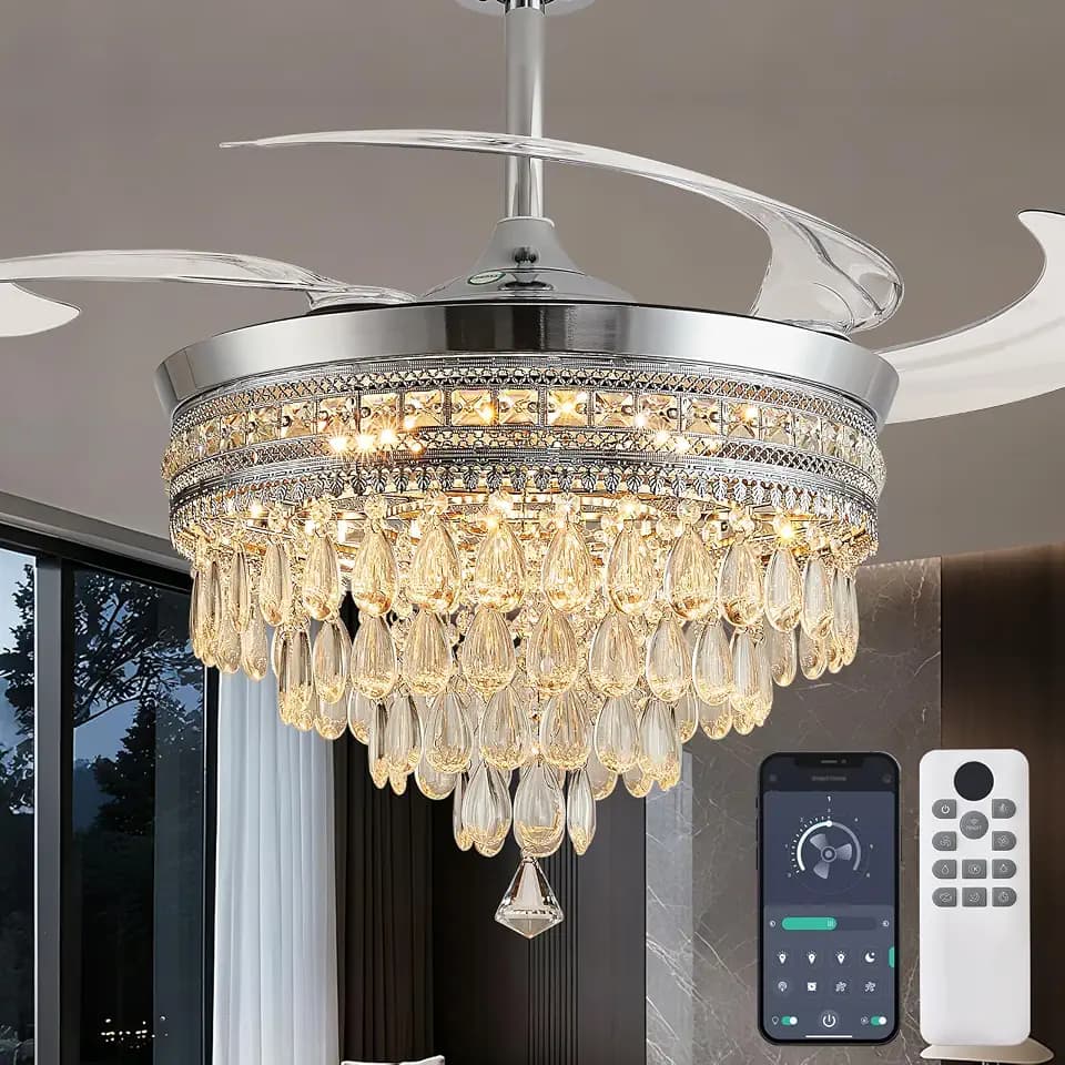 48" Crystal Retractable Ceiling Fans with Lights, Modern Chrome