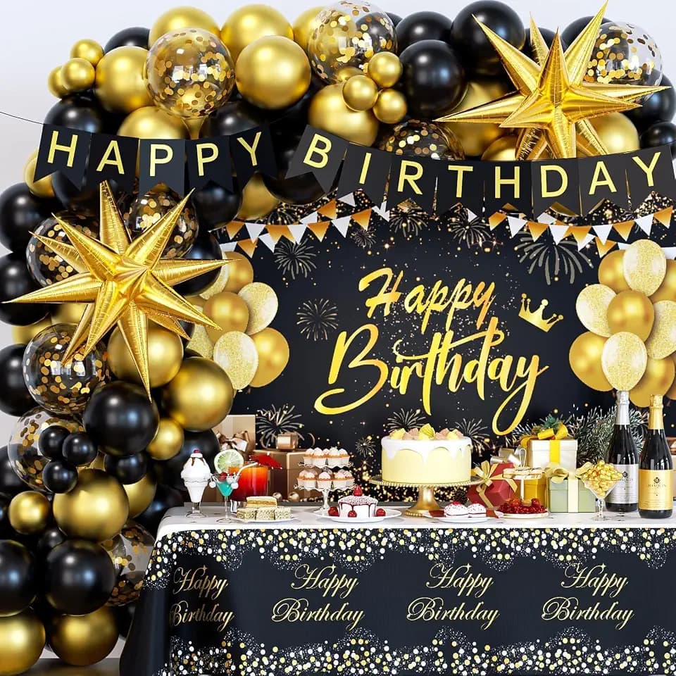 Black and Gold Birthday Decorations for Men with Backdrop Tablecloth