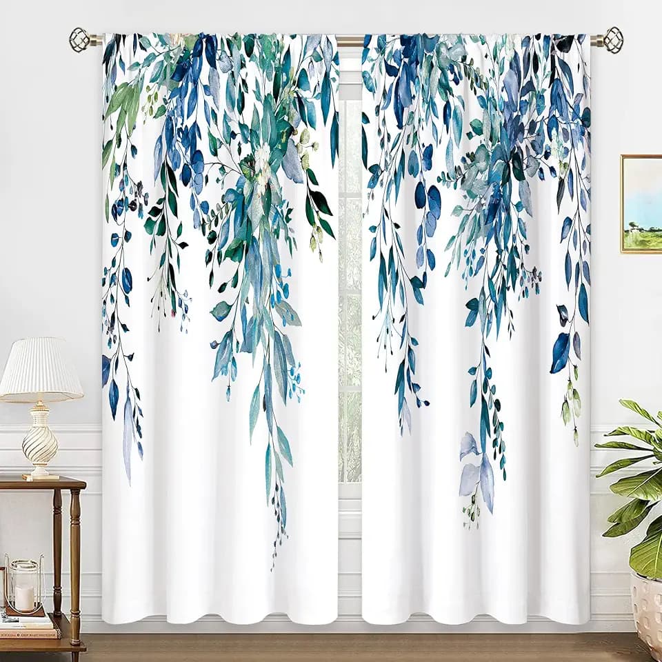 Teal Eucalyptus Botanical Leaves Floral Window Curtains Blue Watercolor Turquoise Flower Plant Wildflower Farmhouse Curtain Drapes Herb Curtains for Bedroom Living Room Treatment 52Wx84H Inch