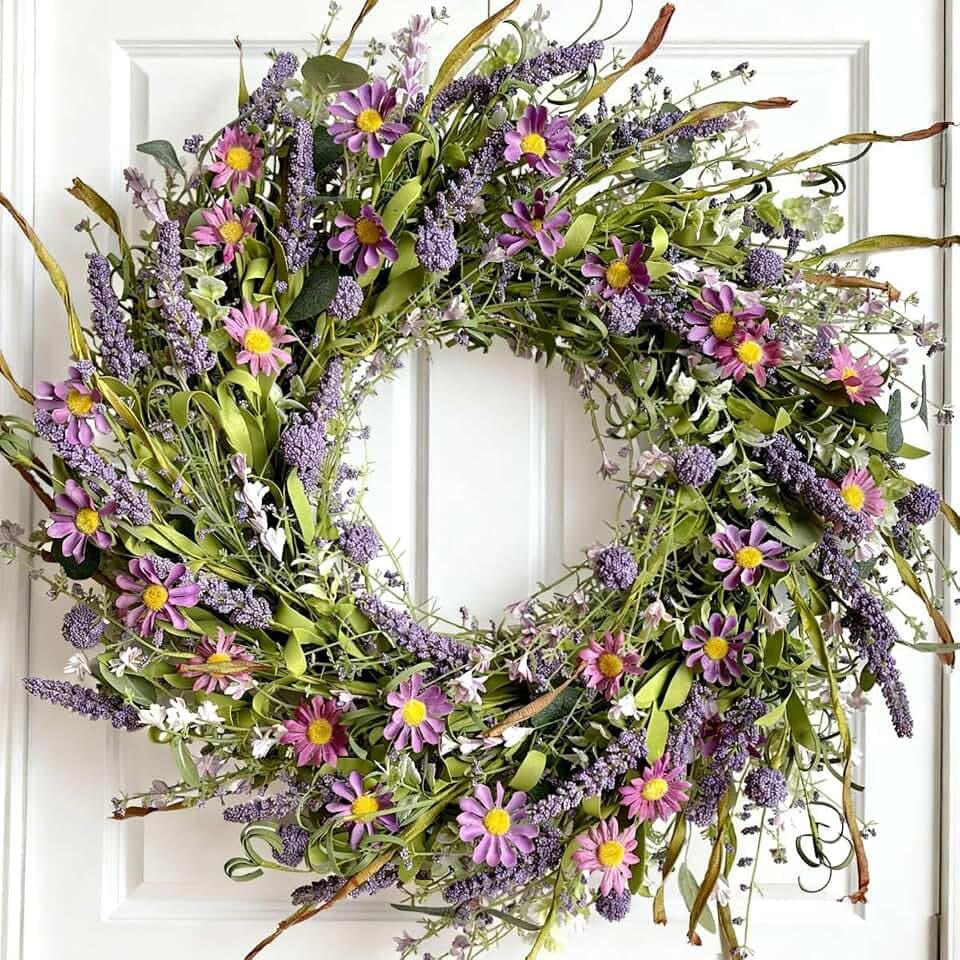 24 Inch Spring and Summer Purple Flowers Wreath for Front Door