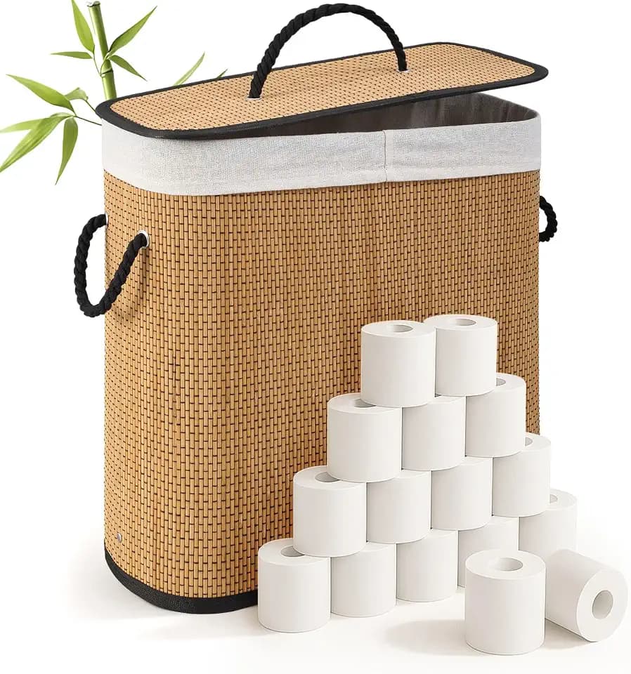 Leinuosen Bamboo Toilet Paper Storage Basket with Lid, Walnut, Stylish