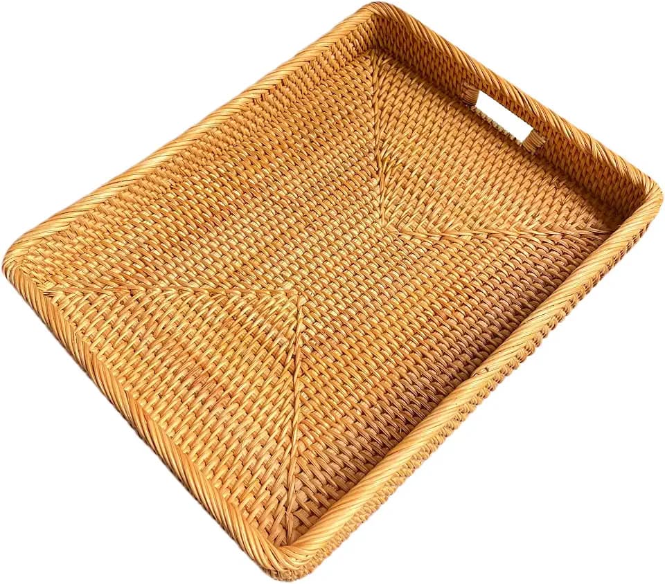 i-lan 17-Inch Large Rectangular Rattan Serving Tray with Handles