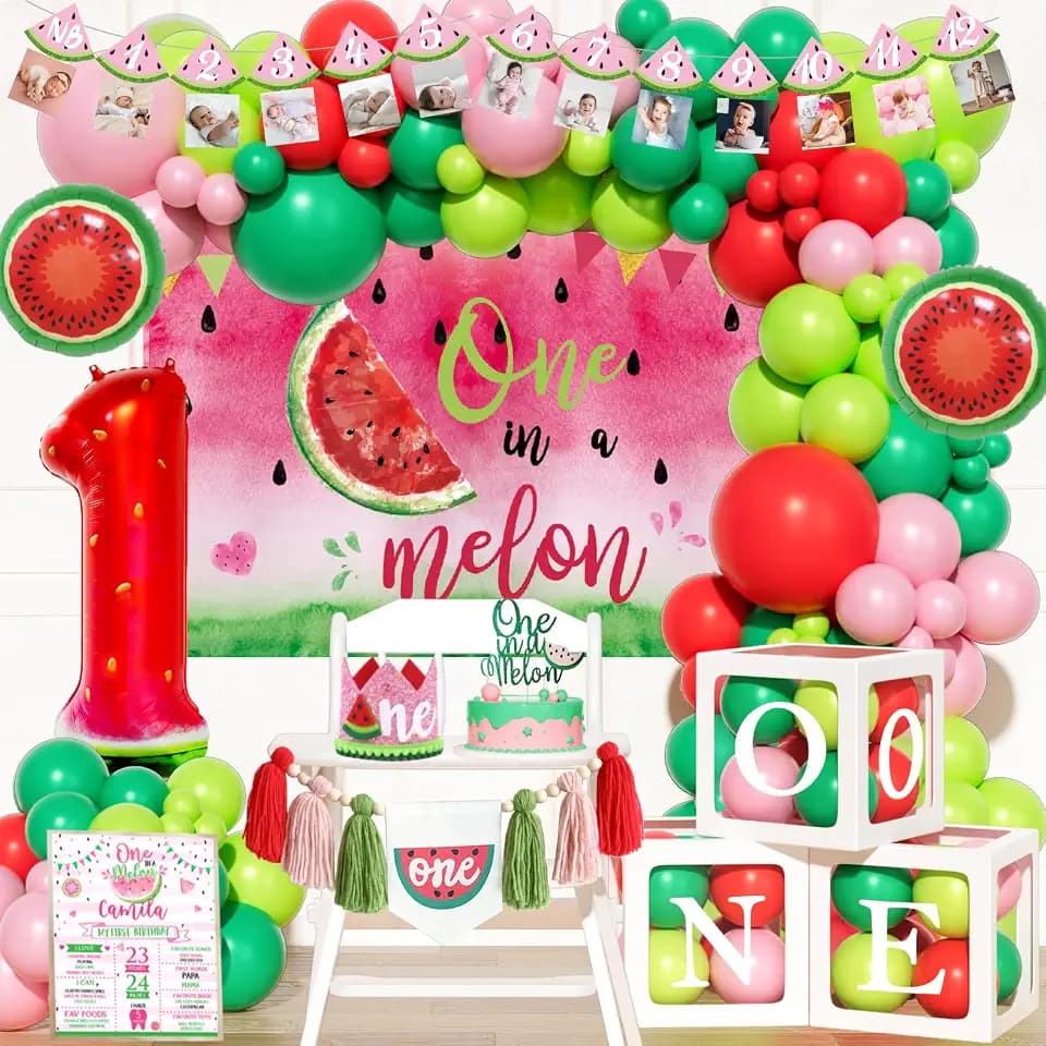 Costova One In A Melon Party Decorations – 109 PCs Watermelon Theme 1st Party Supplies with Watermelon Printed Backdrop, Balloon Garland, Number 1 Foil Balloon, Banner, Cake Topper