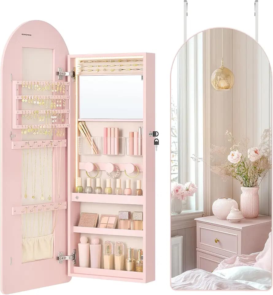 SONGMICS Wide Jewelry Organizer, Wall/Door Mounted, LED Cabinet, Lockable