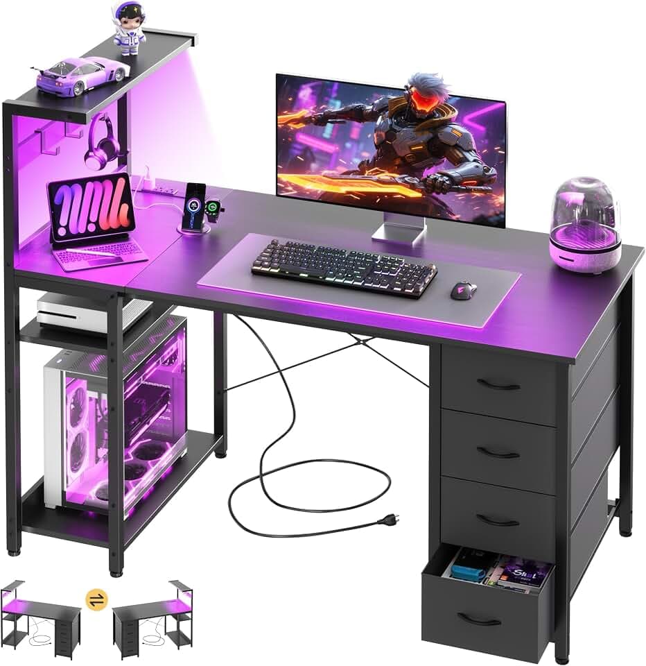 47in Gaming Computer Desk with Drawers & Storage Shelf & Iron Hook, Black