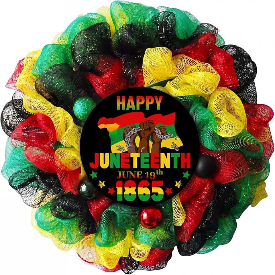 Happy Juneteenth Door Decor 11.81 Inch Juneteenth Wreath for Front Door June 19th Hanging Sign 1865 Wall Hanger for Home Office Porch Indoor Outdoor Party Decor
