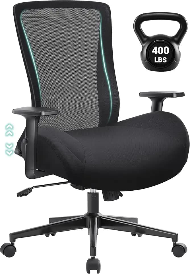 Big and Tall Home Office Desk Chair 400lb Capacity for Heavy People, Ergonomic Wide Mesh Desk Chair with Stepless Recline & Lock, 5.5" Thick Cushion, High Back, Adjustable Height & Armrests