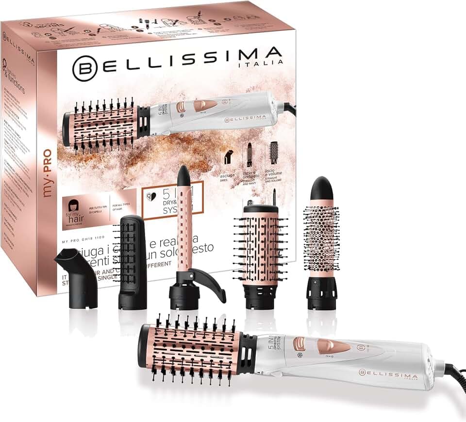 Bellissima My Pro GH18 1100, Heiüluft-Modellierstab Mit Keramik Beschichteten Bürsten, 5 Zubehörteile Zur Kreation Von Glatten Und Glänzenden Haare, Weichen Wellen Und Kringeln, 1000 W