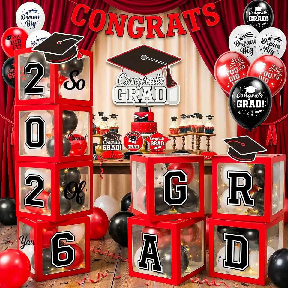 Graduation Decorations 2026 Red and Black Balloon Boxes for High School & College, Class of 2026 Congrats Grad Party Table Decorations with 4 String Lights, GRAD and So Proud of You Letters