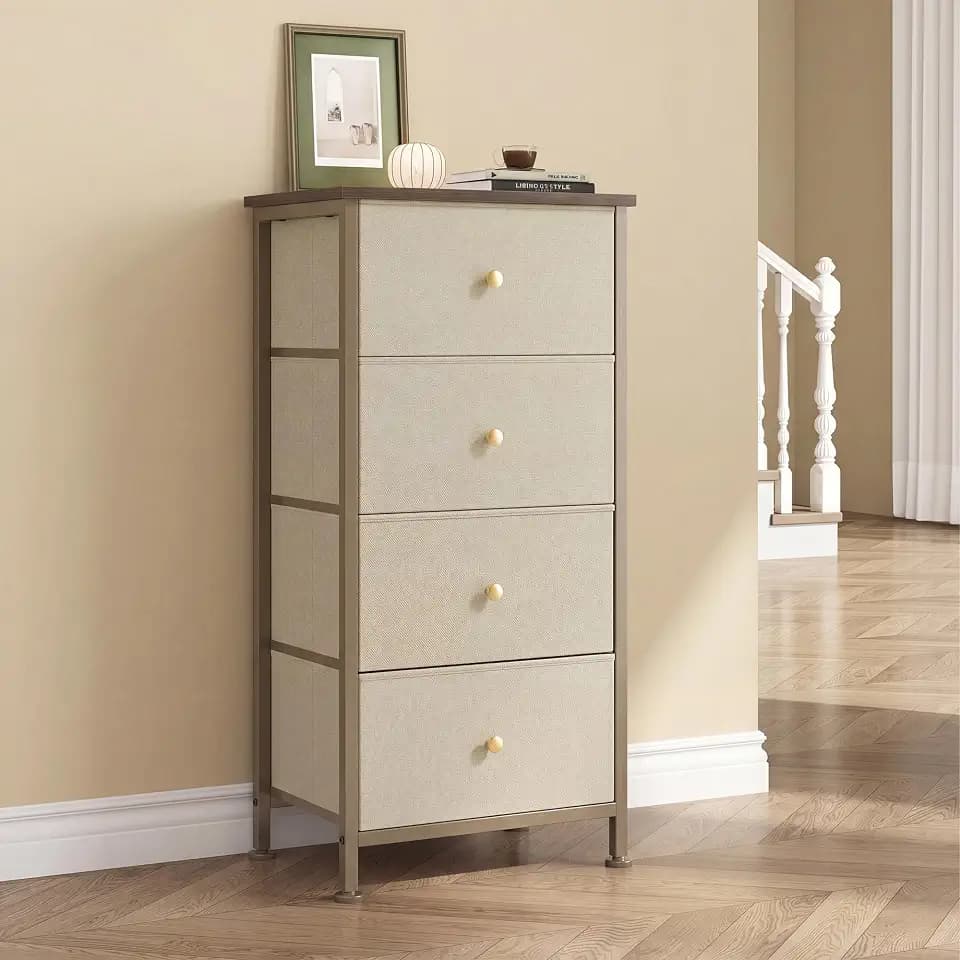 DUMOS Nightstand, Bedside Table with 4 Fabric Drawers